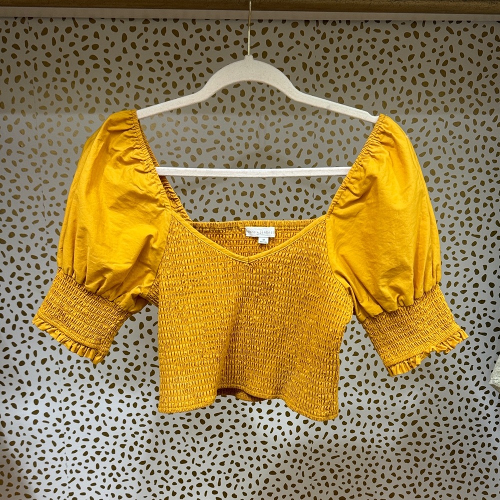 Yellow Mustard Puff Sleeve Smocked Blouse